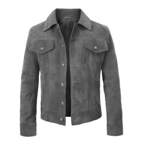 Men's Trucker Suede Leather Jacket - Western Cowboy Style Genuine Suede Jacket for Men, Classic Button-Up Design