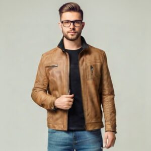 Men’s Leather Jacket – 100% Real Lambskin Cafe Racer Style Jacket for Men – Vintage Distressed Motorcycle Leather Jacket